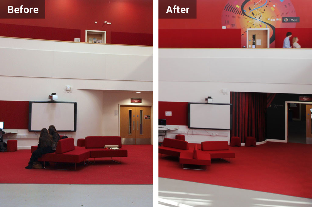 School wall graphics wayfinding before and after graphics installation