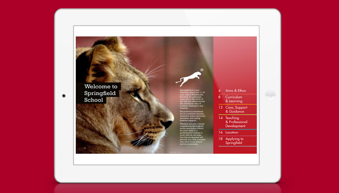 Springfield School prospectus intro spread showing lion