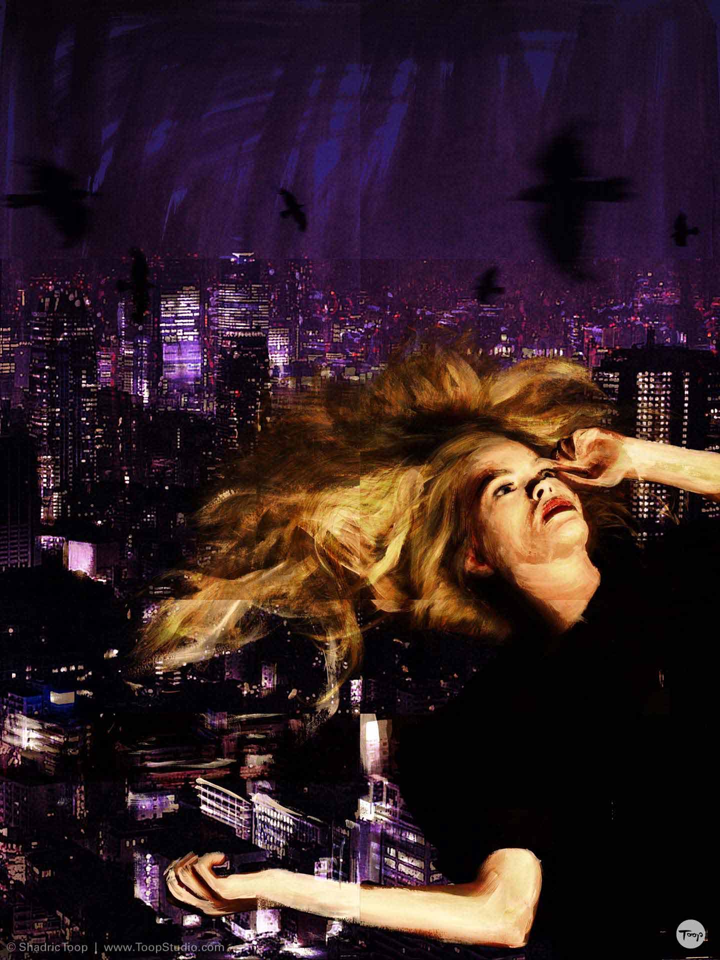 Painted photography image shows a girl floating or falling above a city at night - art direction themed on hell - work by Shadric Toop - Graphic Design Brighton