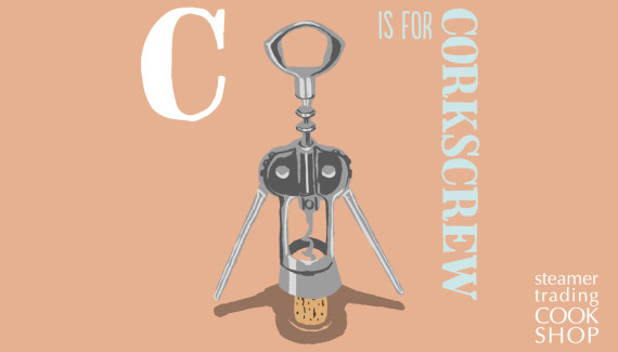 Steamer Trading illustration of corkscrew - - one of a set of Cookware illustrations for Steamer Trading Cookshop designed by Toop Studio