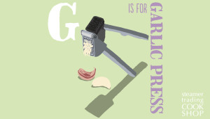 Steamer Trading Cookshop illustration of garlic press by Shadric Toop