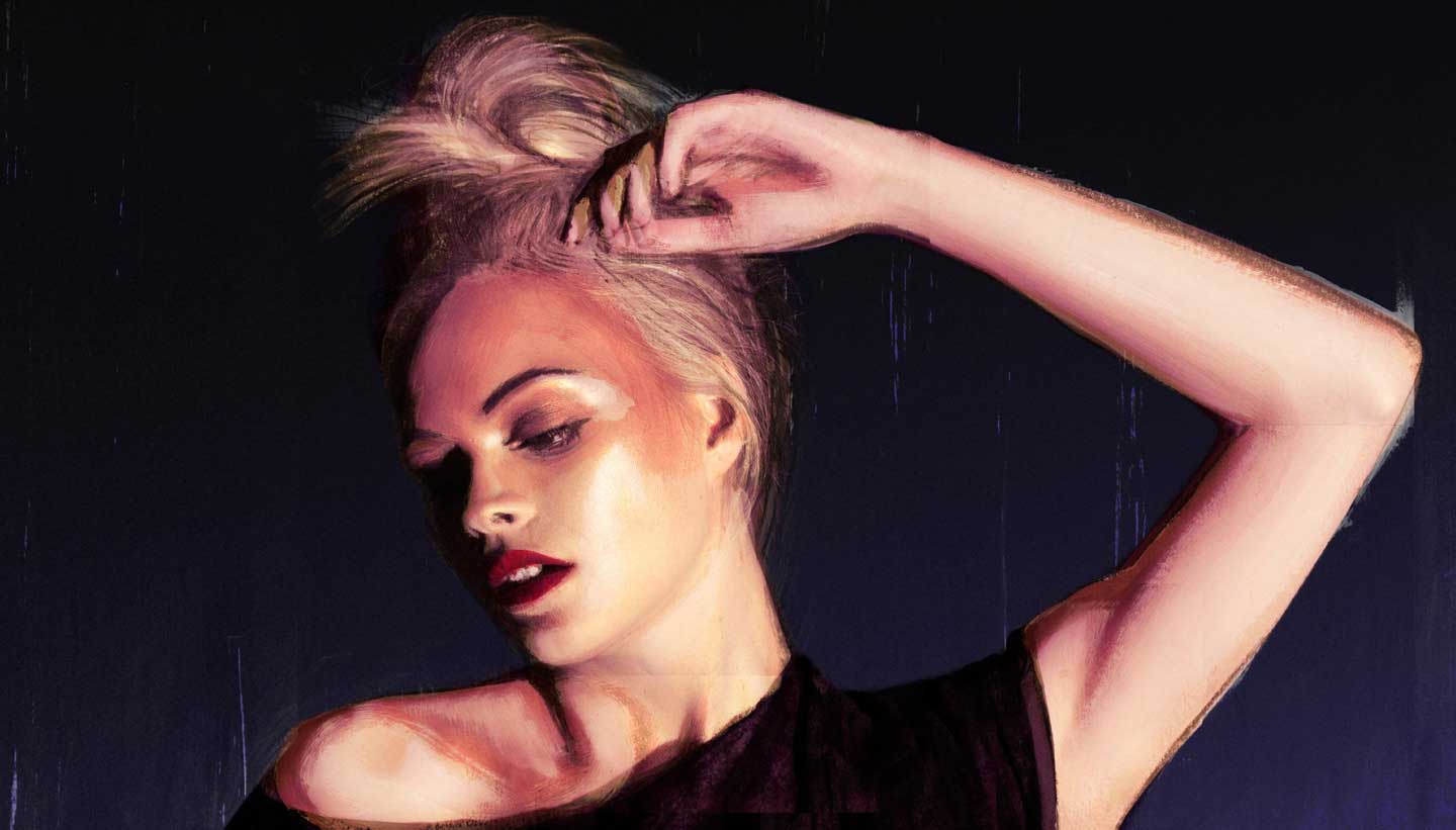 Close up of an image of a model dramatically lit with a dark background - art direction themed on hell - work by Shadric Toop