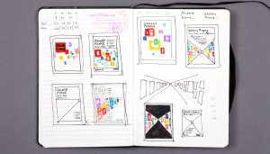 Page from Shadric Toop's design sketch book showing Seawhite Gallery Frame branding