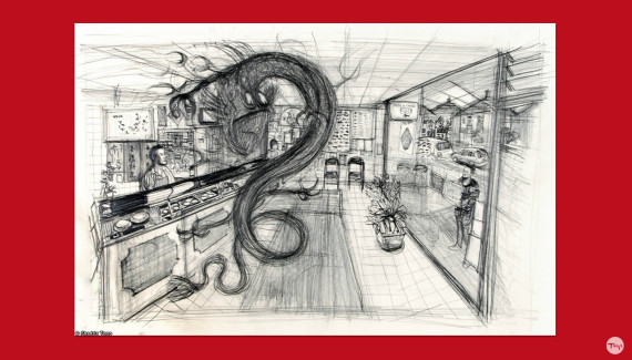 Preparatory drawing of chinese dragon in fish and chip shop by Shadric Toop