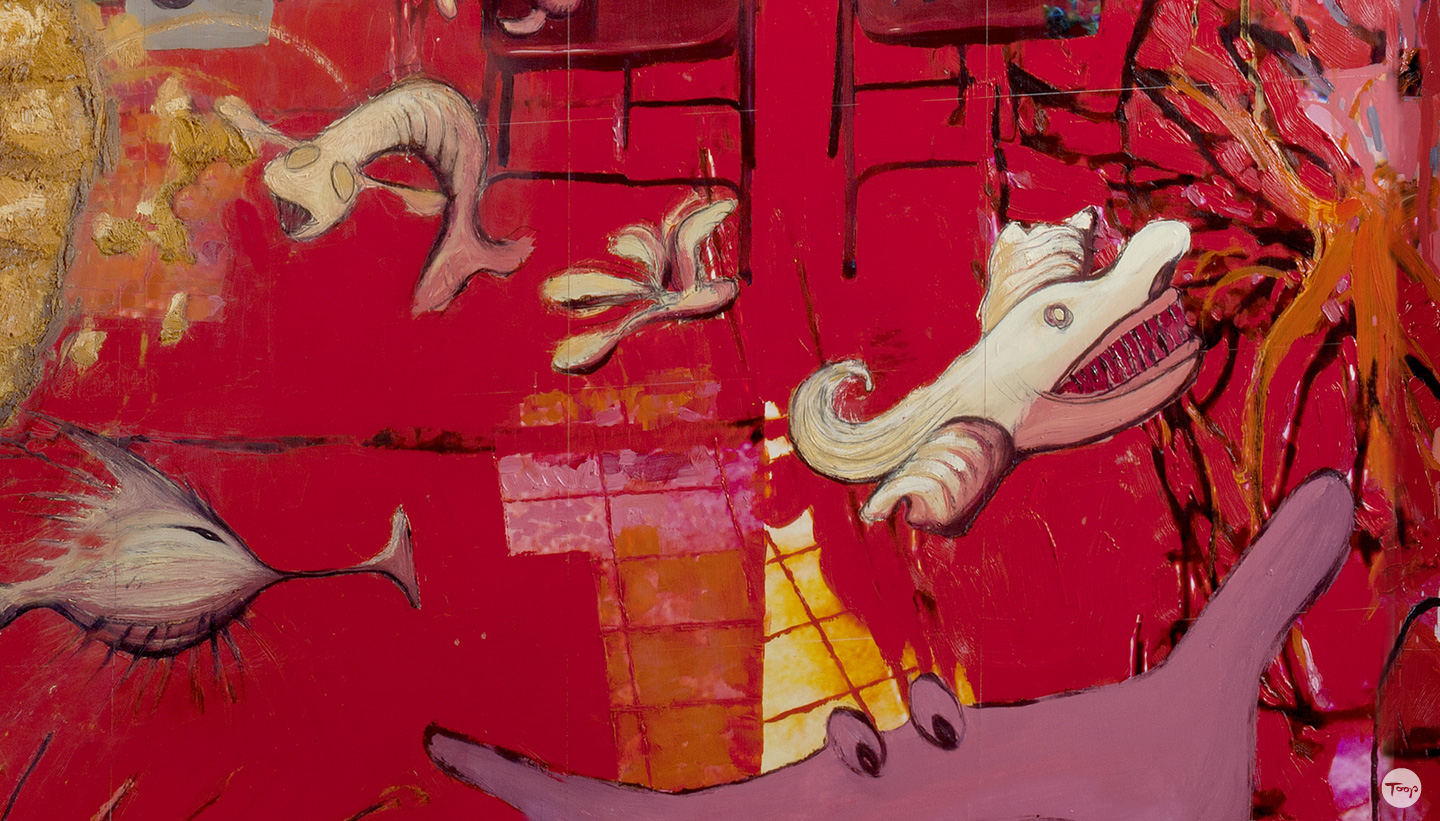 Detail of Shadric Toop's painting fish and chips featuring strange creatures