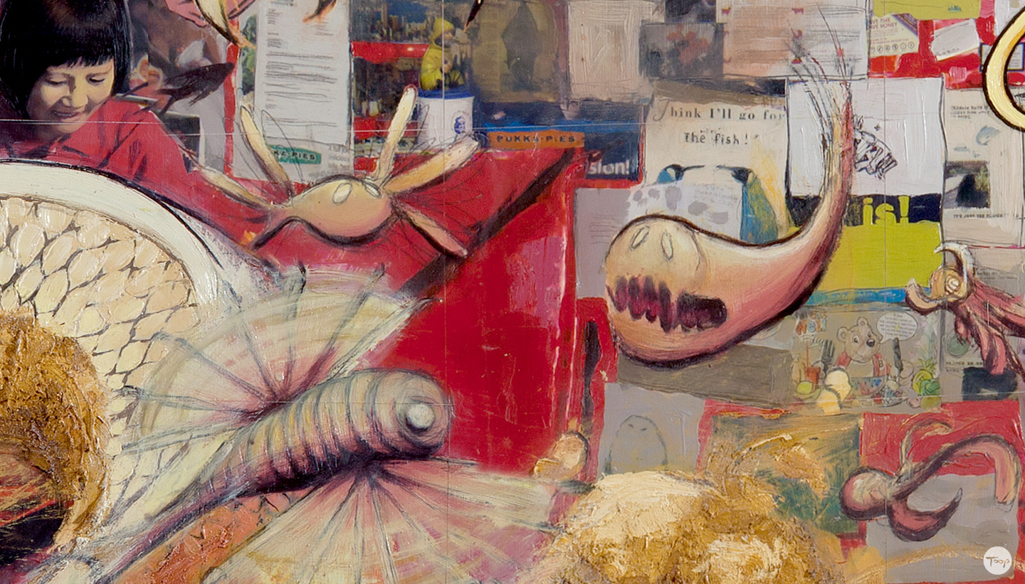 Detail of Shadric Toop's painting fish and chips featuring bizarre fish