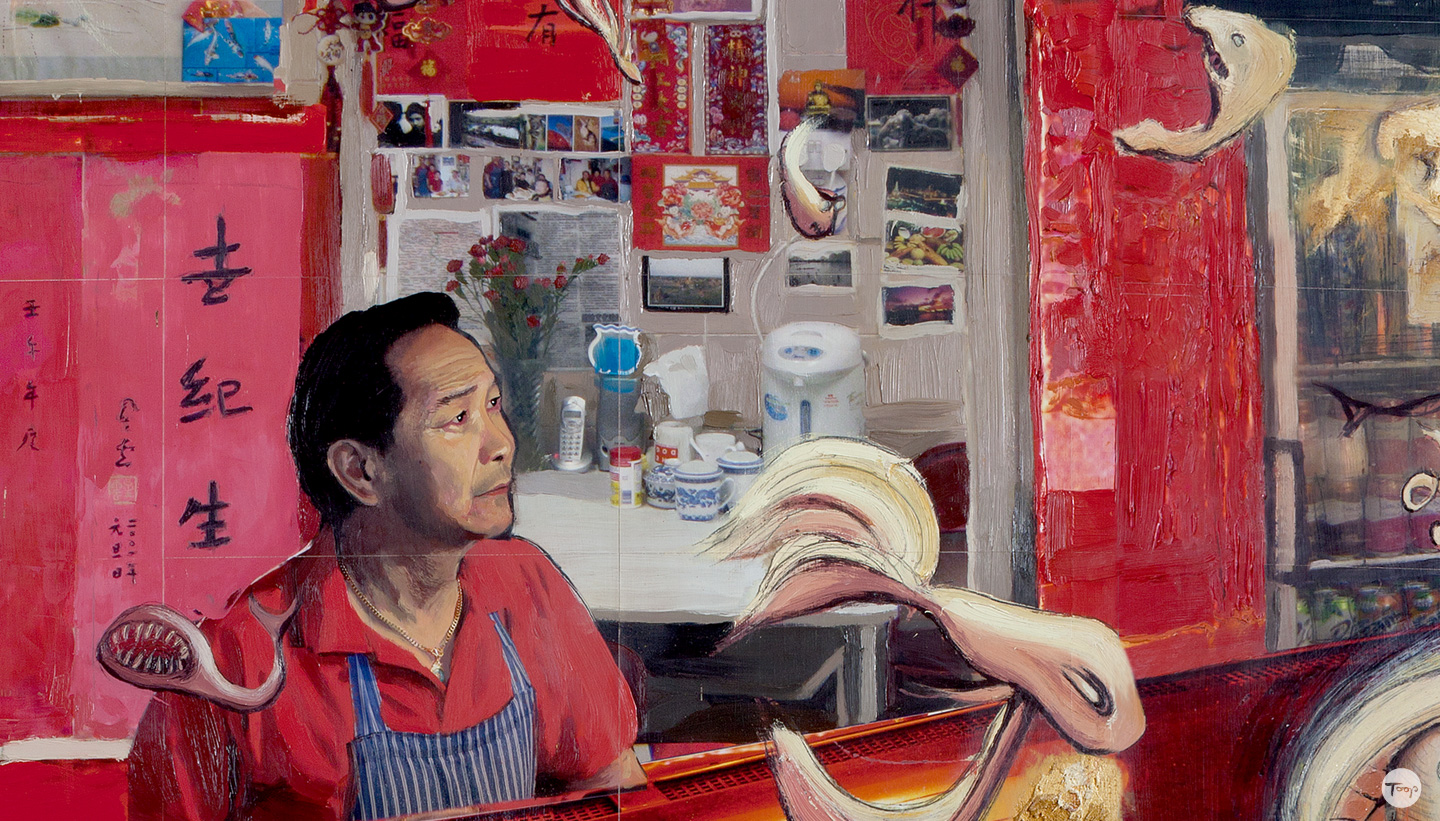 Detail of Shadric Toop's painting fish and chips featuring Chinese shop owner