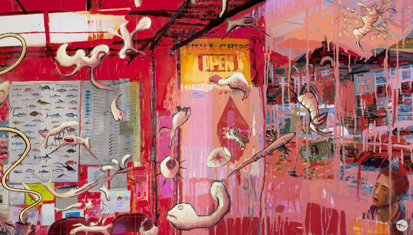 Detail of Shadric Toop's painting fish and chips featuring creatures swimming in the air