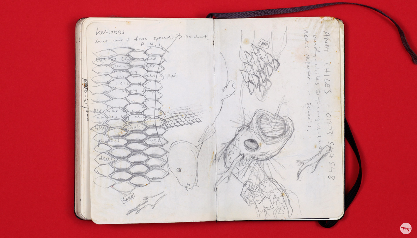 Shadric Toop page of sketchbook showing designs for dragon