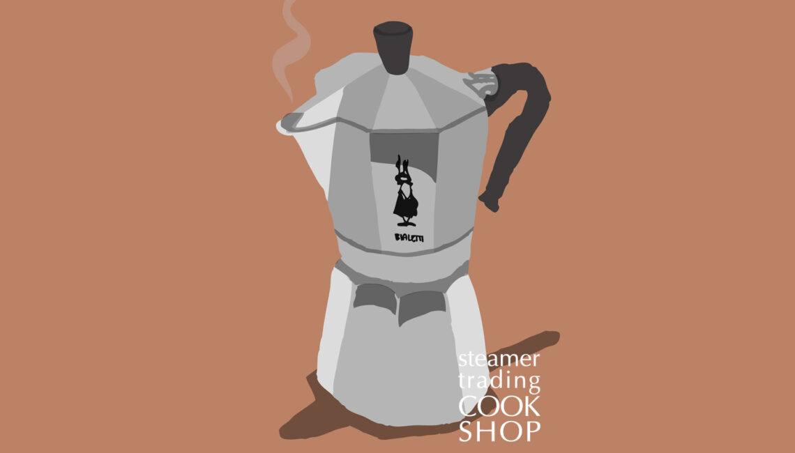 Steamer Trading illustration of Bialetti Moka Express stovetop coffee maker - - one of a set of Cookware illustrations for Steamer Trading Cookshop designed by Toop Studio