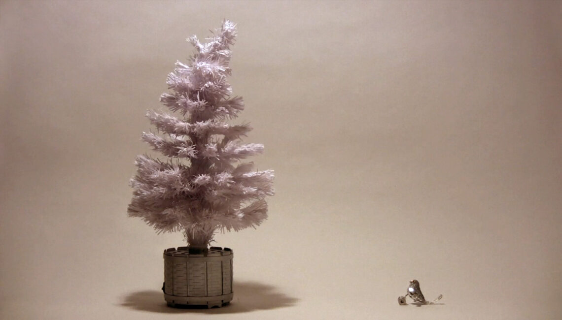 Animated Christmas Card - Christmas tree talking to a little bird - still from stop frame animation
