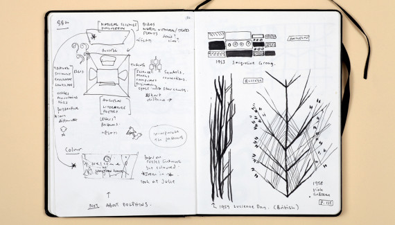 Page from Shadric Toop's sketchbook showing drawings of abstract patterns based on textile designs