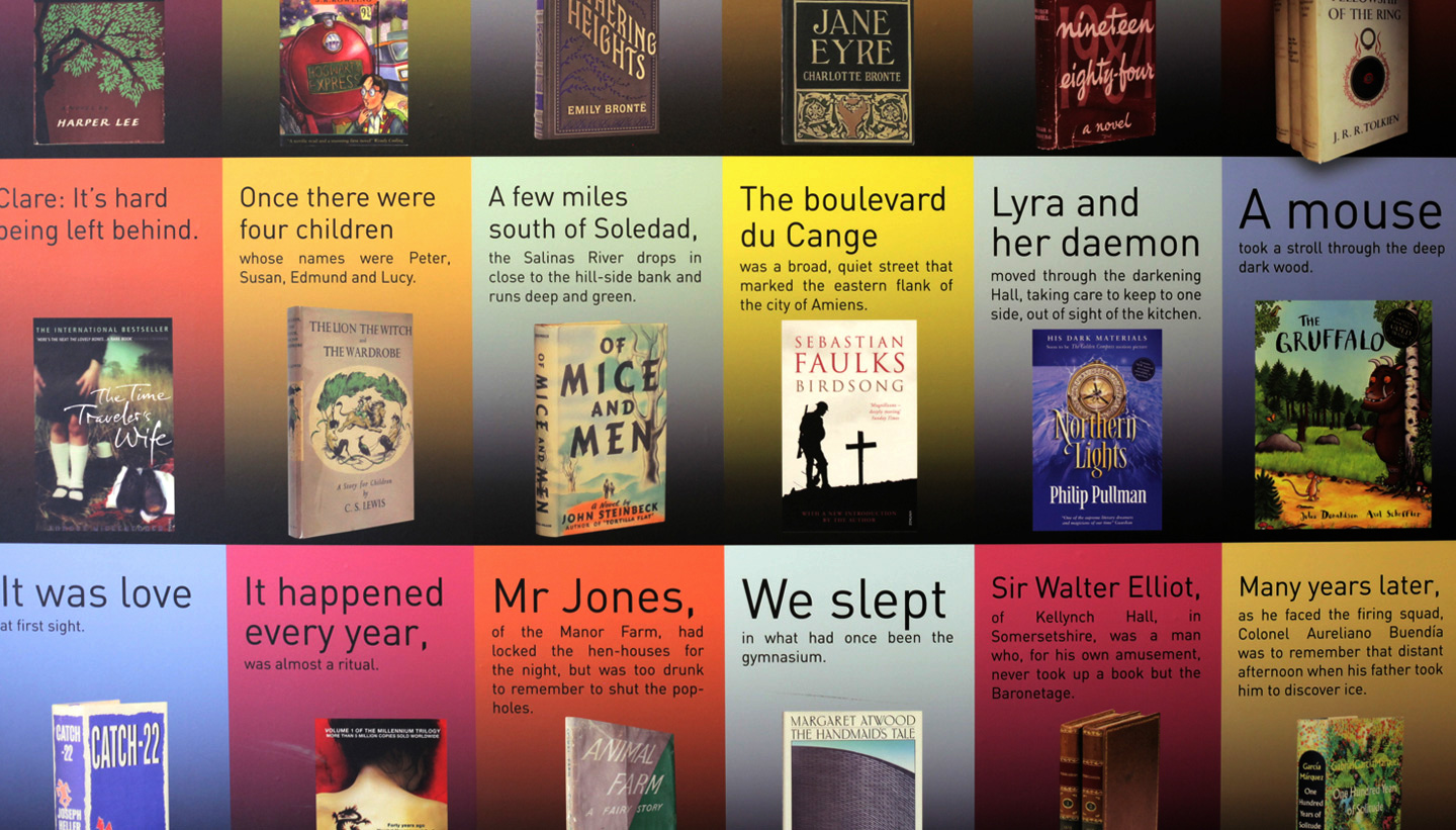 School wall graphic detail showing first lines and original covers of top 100 books of all time