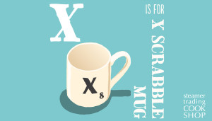 Steamer Trading Cookshop illustration of letter X scrabble mug by Shadric Toop