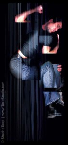 person falling and fighting in a dark space made by collaged scans