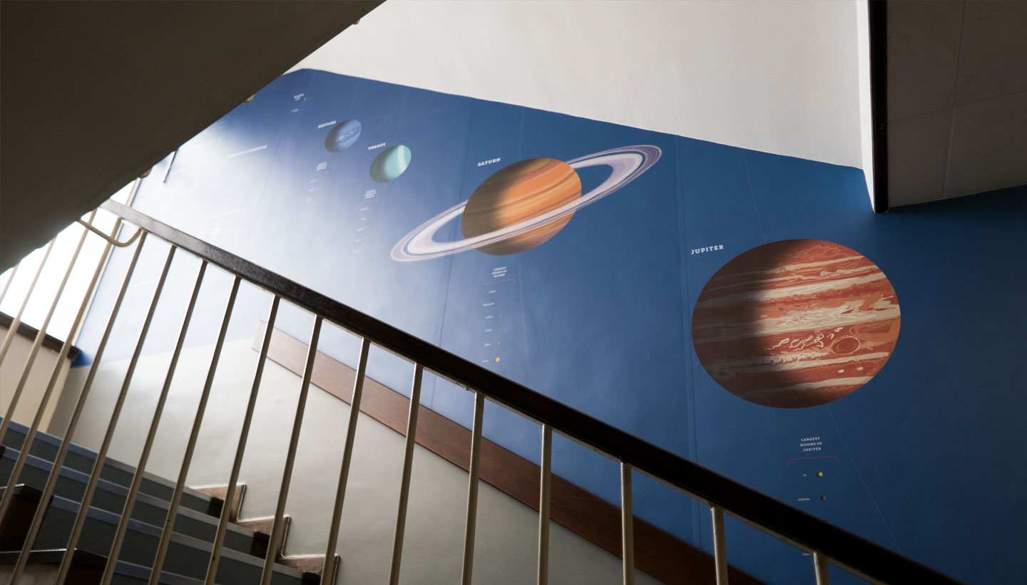 school wall graphics for science stairwells - showing the solar system on a stairwell wall - work by Toop