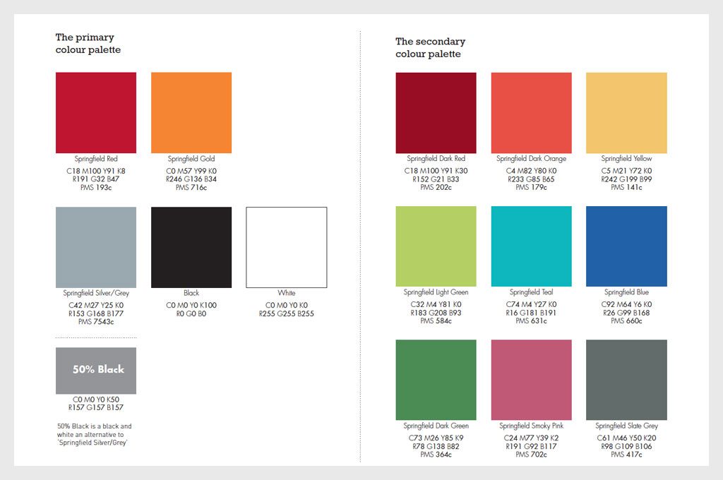 Colour palette page from the brand guidelines for Springfield School - illustrating ‘C is for Colours’ in design for schools blog