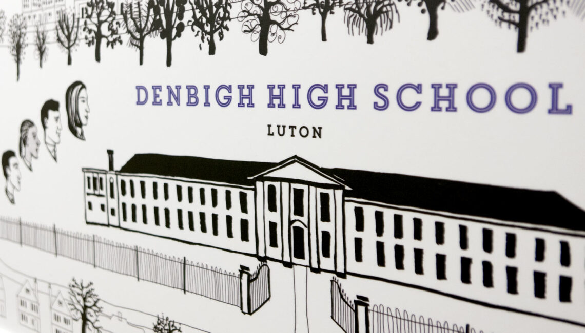 School wall graphics - British Values wall - showing the school building - hand illustrated wall design