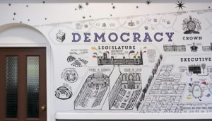 School wall graphics - British Values wall - showing structure of UK government, Parliamentary Democracy, Legislature, Executive and Crown - hand illustrated wall design by Toop Studio
