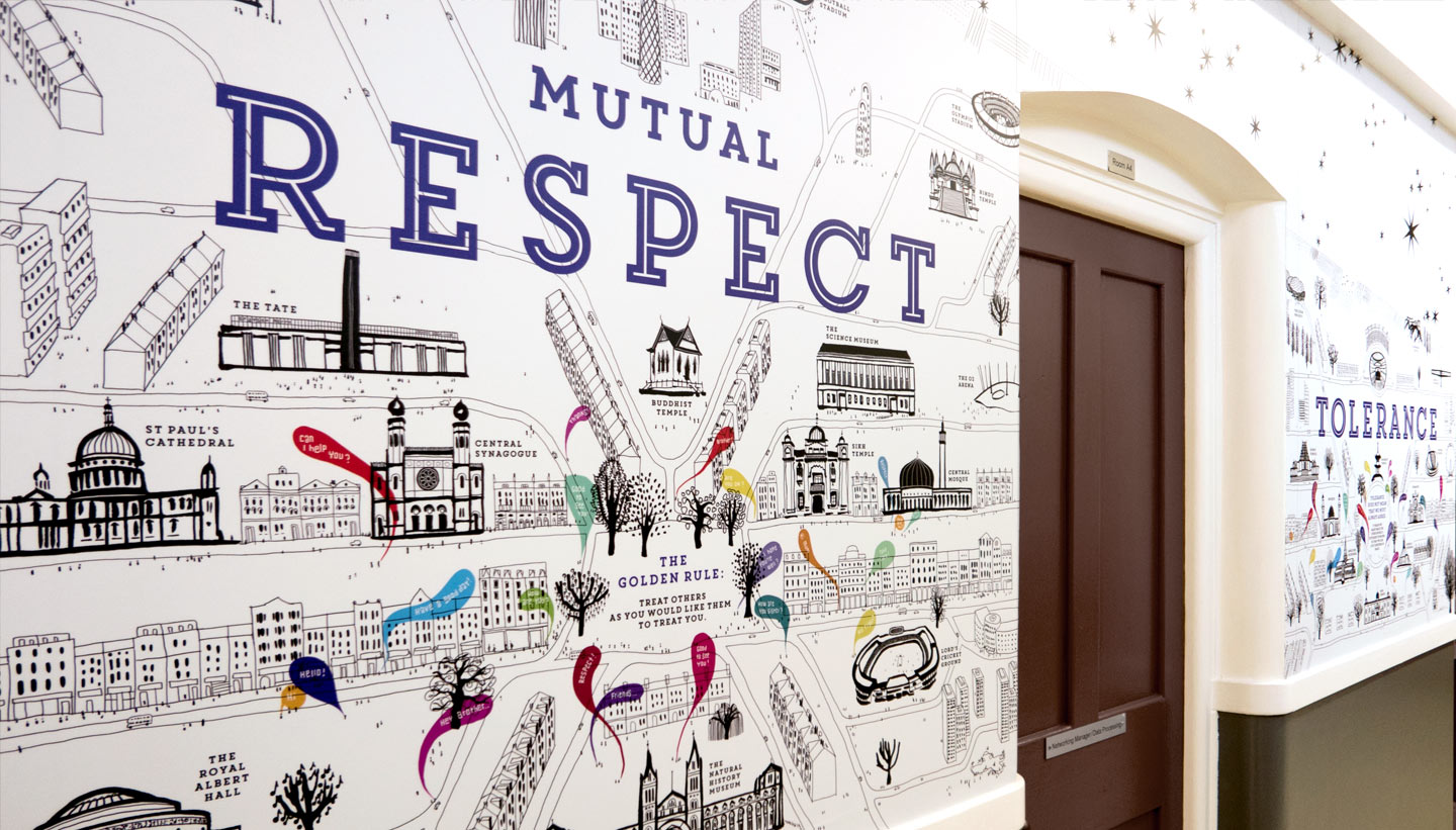 School wall graphics - British Values wall - showing Mutual Respect detail - hand illustrated wall design by Toop Studio