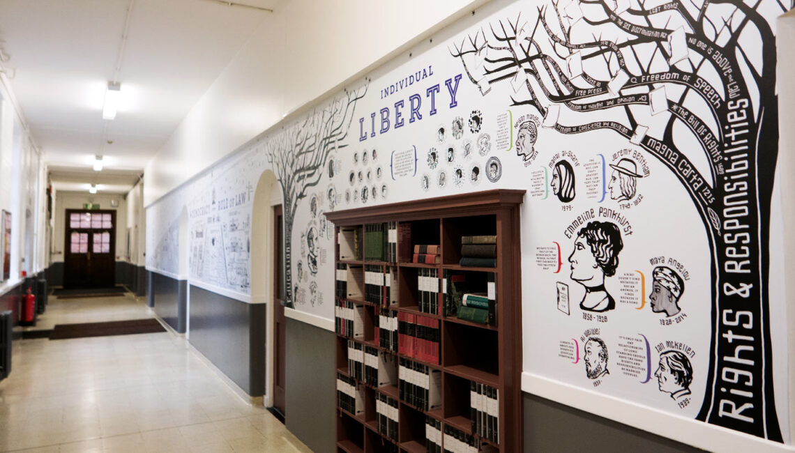 School wall graphics - British Values wall - showing Rights and Responsibilities Tree detail and a bookcase set into the wall - hand illustrated wall design by Toop Studio