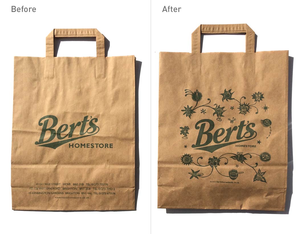 Berts - Before and after - brown paper bag brand design - Part of a brand refresh by Toop Studio