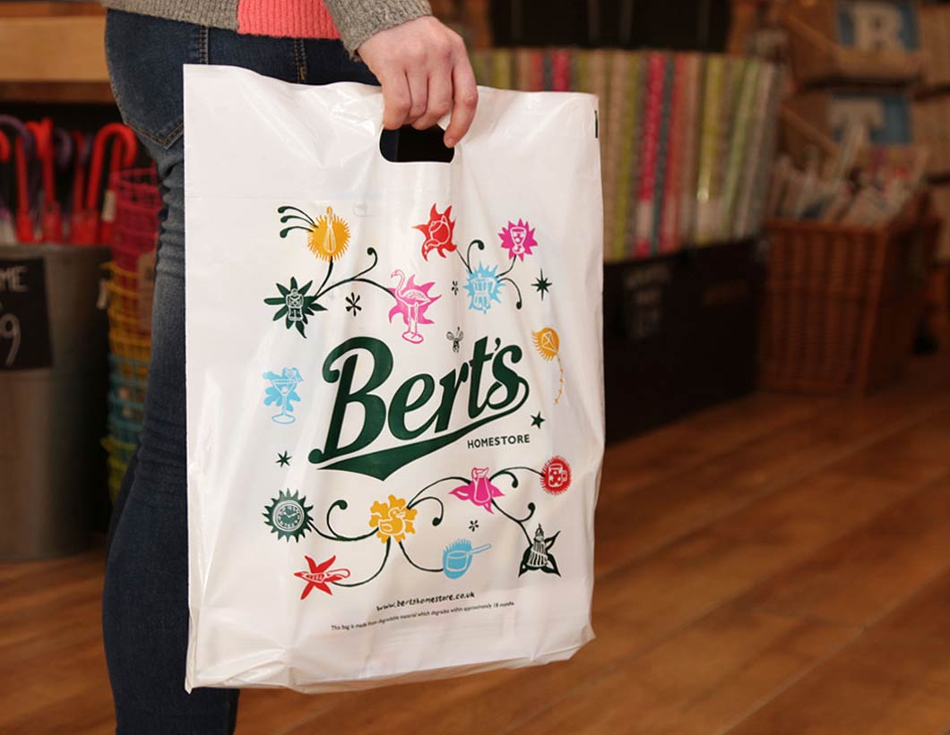 Bert's Homestore Plastic Shopping Bag - Part of a brand refresh by Toop Studio