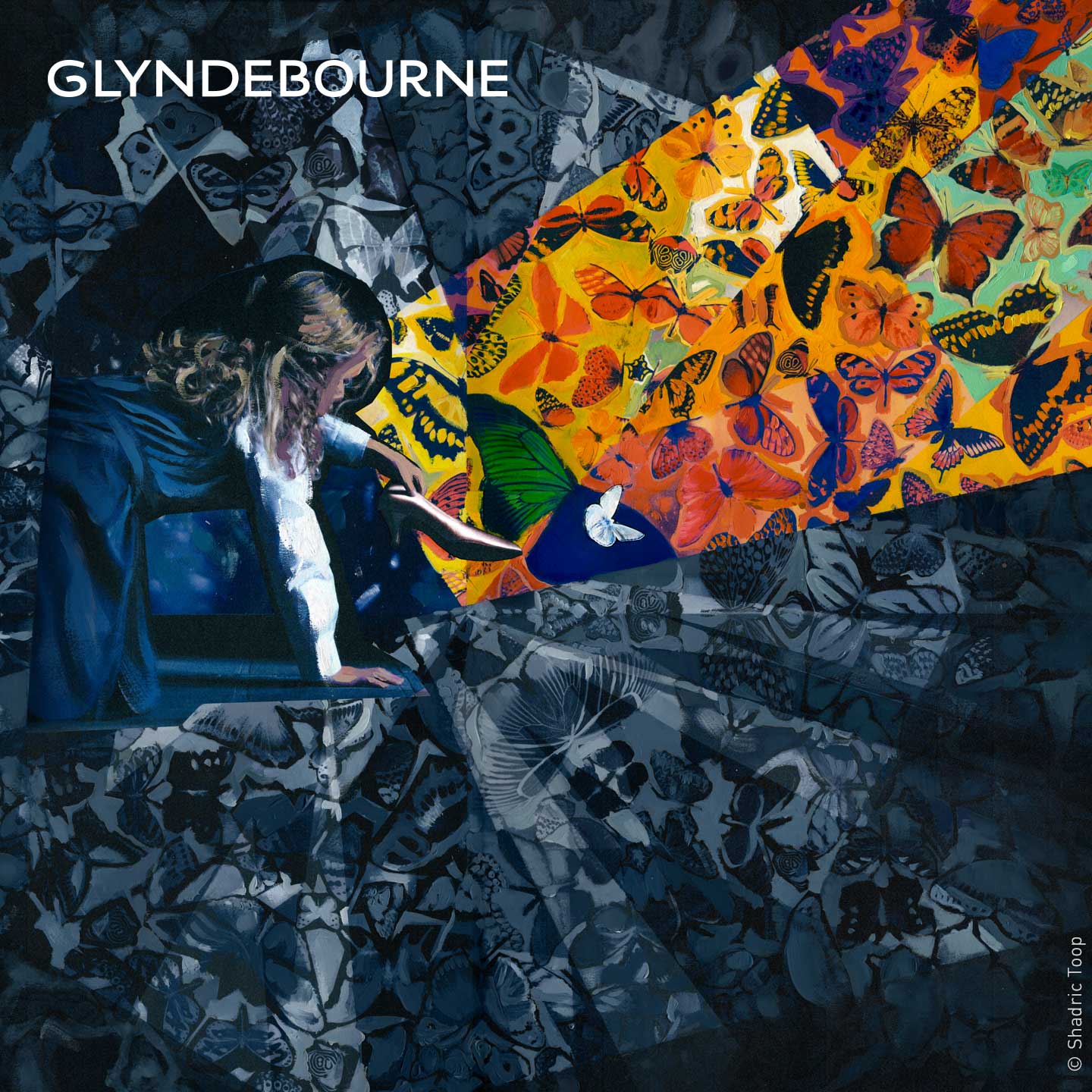 Glyndebourne Festival 2019 Cendrillon illustration showing a young Cinderella amongst an abstract background of painted butterflies