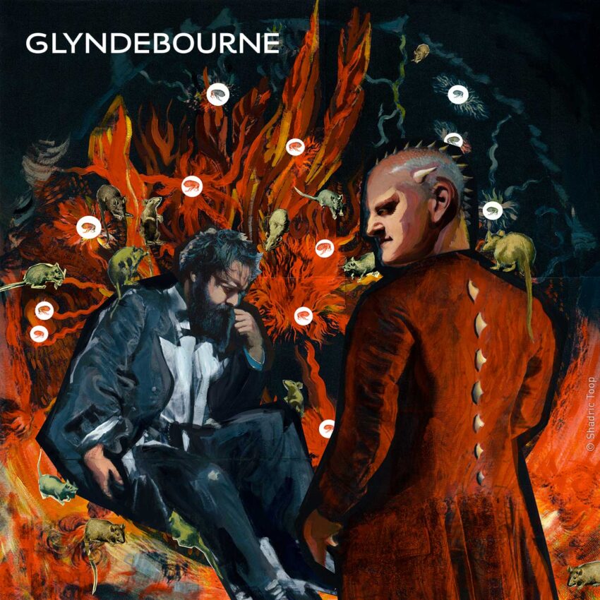 Glyndebourne Festival 2019 La damnation de Faust illustration painted collage showing Faust and the devil with fire and rats