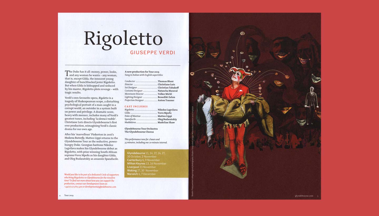 Glyndebourne Tour 2019 brochure Rigoletto spread illustration showing a distressed court jester holding the body of his daughter