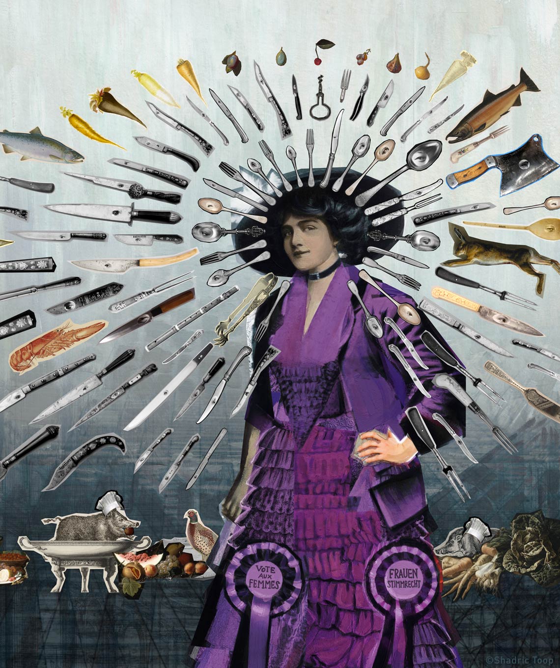 Glyndebourne Festival Illustration 2019 - Die Zauberflote painted collage of suffragette woman in purple dress with kitchen knives radiating from her - illustration - Shadric Toop