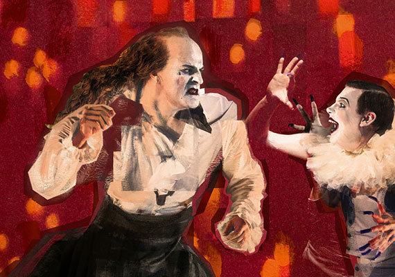 Glyndebourne Festival Illustrations 2018 - Painted Collage featuring characters from the opera Saul surrounded by fiery candles - Shadric Toop