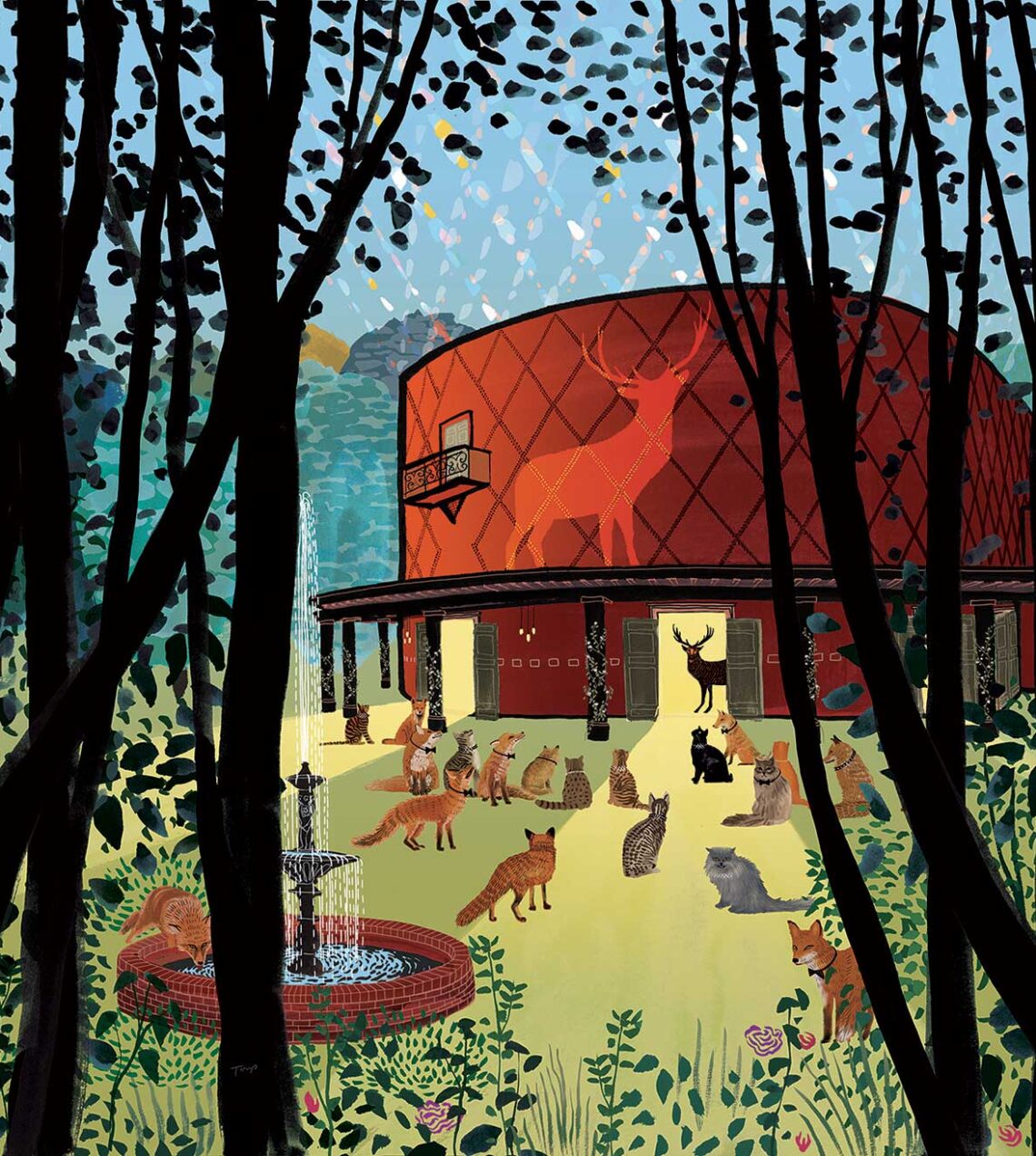 Grange Park Opera Illustrations - 2022 Season featuring the opera house in the woods with cats and foxes - Shadric Toop
