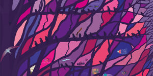 Uckfield College Wall Graphic - Tree with faces - illustration by Shadric Toop