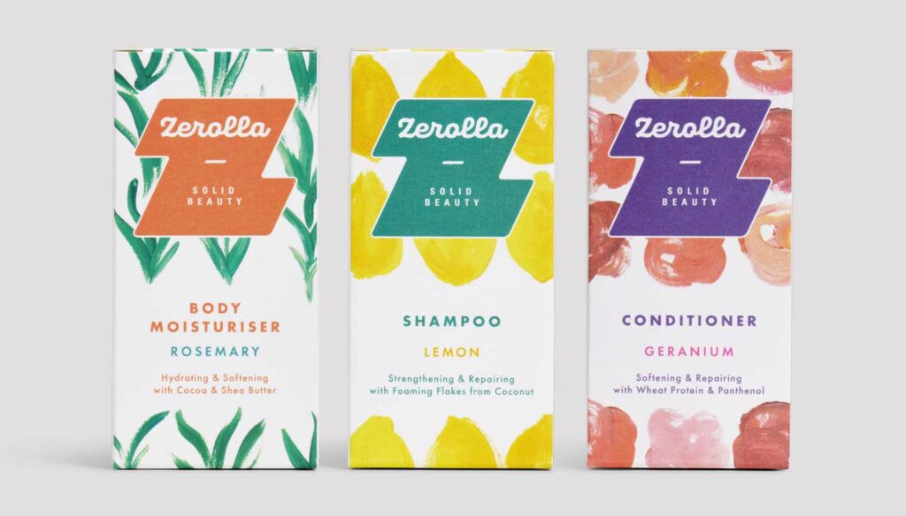 3 Zerolla boxes - Body Moisturiser, Shampoo and Conditioner - Designed by Toop Studio