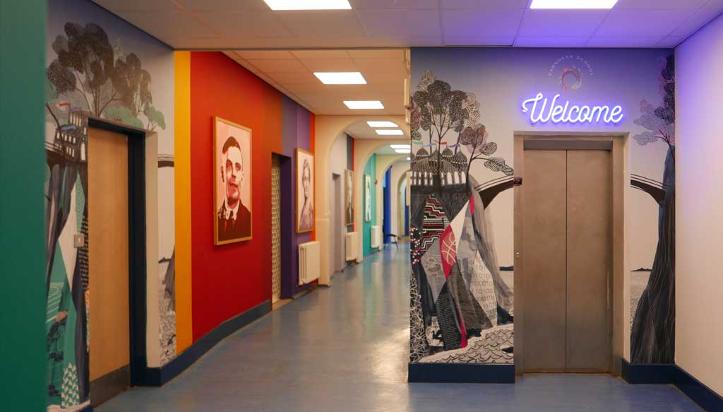School Entrance Interior Design with wall graphics and neon welcome sign - Varndean School - Toop-Studio