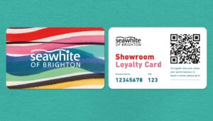 Seawhite Loyalty Card - Colourful painted wavy lines with the seawhite logo on one side, Showroom Loyalty Card details and QR code on the reverse - graphics by Toop Studio