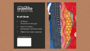 Seawhite packaging - Kraft book label showing collage of colourful fabrics and paper - Toop Studio