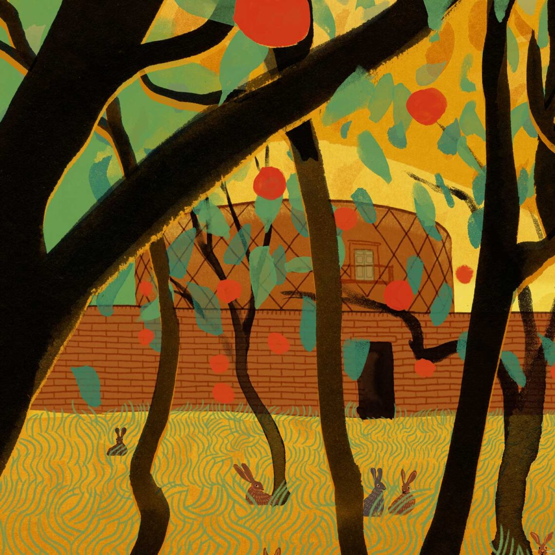 Grange Park Opera illustration 2024 Season - detail of ink drawing of orchard trees with red apples and borwn hares in long grass with the opera house building in the background