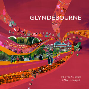 Glyndebourne Festival Illustration 2020 - The Lost Season - Hero Image with Opera House and gardens on a dark pink background, streams of colourful collages and drawings - Toop Studio