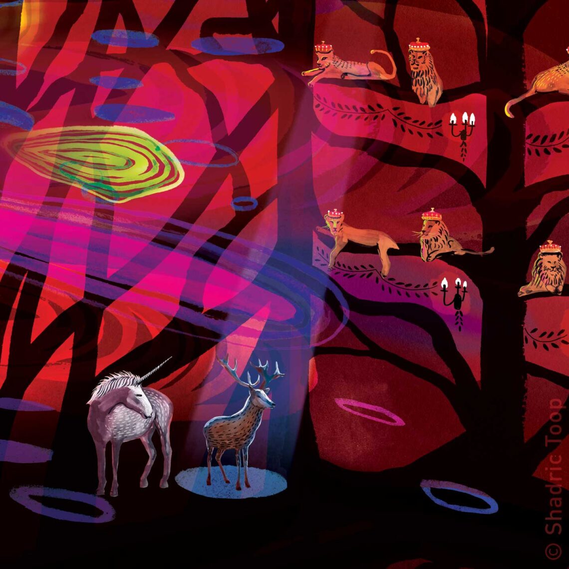 Grange Park Opera 2023 Season - detail 1 of an illustration of a unicorn and stag on a stage with colourful lights watched by lions wearing crowns in trees
