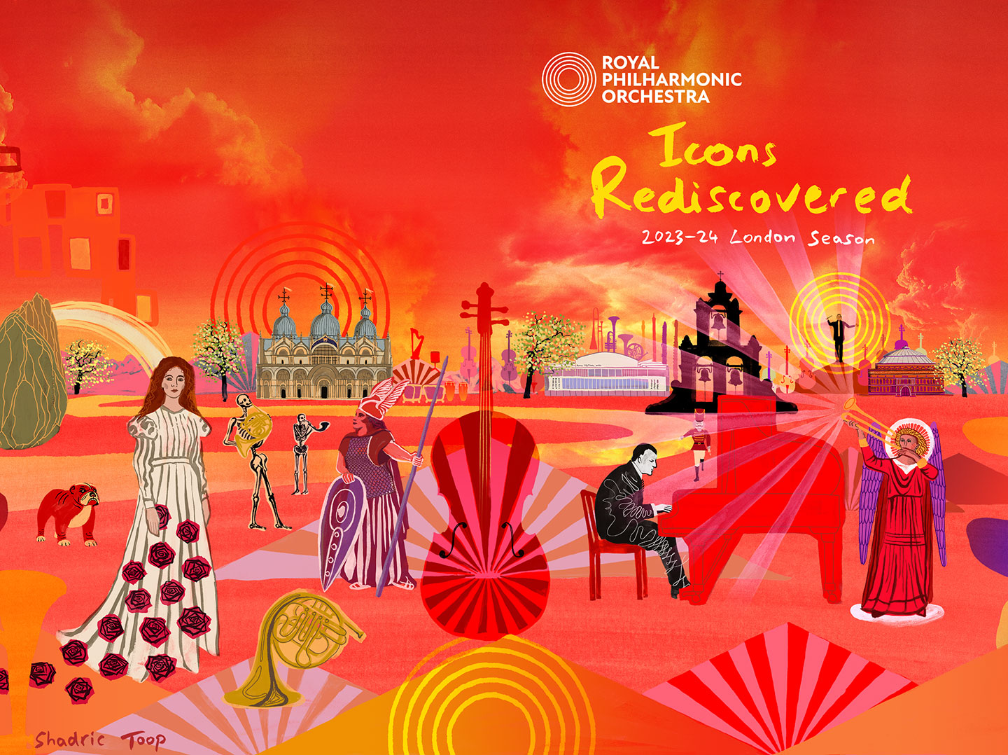 Royal Philharmonic Orchestra illustrations - Icons Rediscovered artwork featuring a colourful symbolic landscape in reds, yellows and pinks with striped mountains, musicians, classical music venues such as the Royal Albert Hall and musical instruments - hero image - Shadric Toop