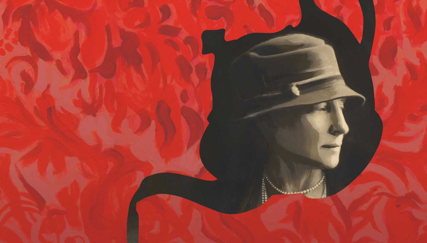 Shadows of Empire Illustration - painting detail of Mrs Theresa Macquoid, a prominent resident of Preston Manor in the 1920s cropped by the shape of a teapot - Preston Manor - Brighton & Hove Museums - Toop Studio