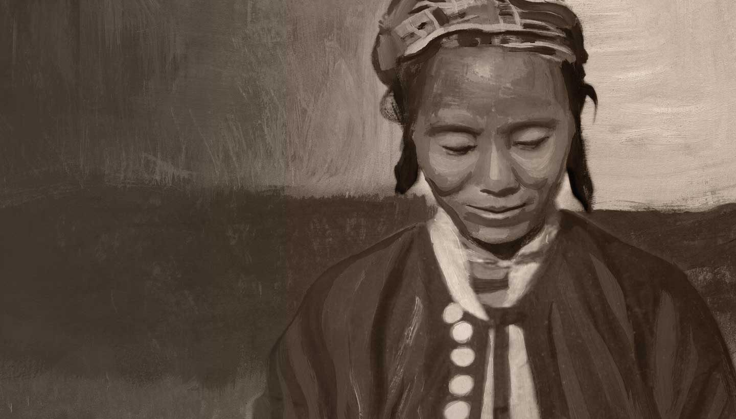 Shadows of Empire Illustration painting featuring a portrait of a Hkahku girl involved in opium poppy harvesting in the 1920s, part of a larger illustration for a poster for Preston Manor - Brighton & Hove Museums - Toop Studio