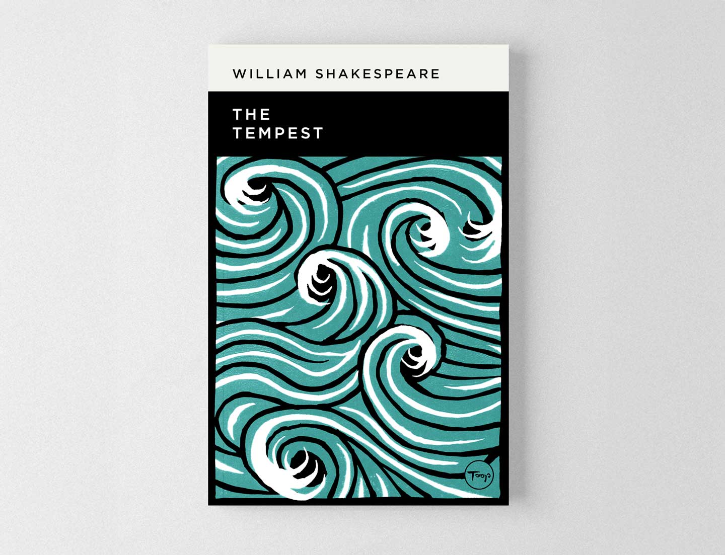 Book Cover Design - William Shakespeare - The Tempest - the cover image shows a woodcut/linocut design in teal, black and white of stormy crashing waves