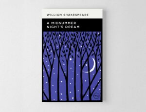 Shakespeare Book Cover Designs - A Midsummer Night's Dream - the cover image shows a woodcut/linocut design in purple, black and white of a stylised forest with a crescent moon and stary sky