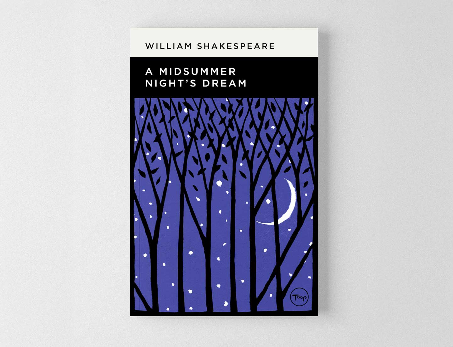 Shakespeare Book Cover Designs - A Midsummer Night's Dream - the cover image shows a woodcut/linocut design in purple, black and white of a stylised forest with a crescent moon and stary sky