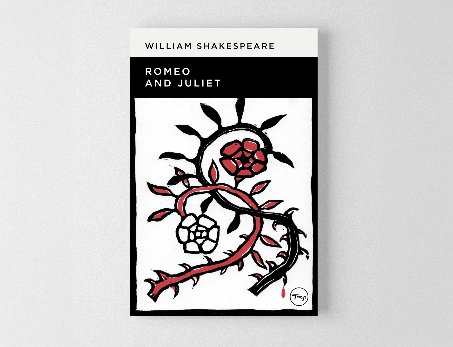 Book Cover Design - William Shakespeare - Romeo and Juliet - the cover image shows a woodcut/linocut design in red, black and white of two thorny roses, dripping with blood