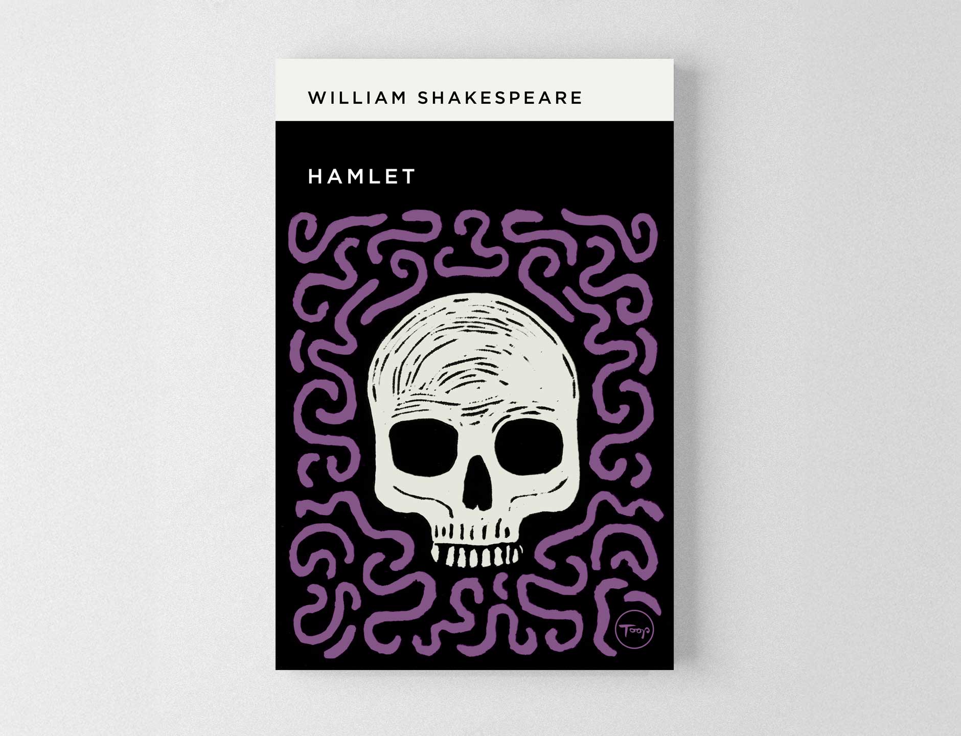 Book Cover Design - William Shakespeare - Hamlet - the cover image shows a woodcut/linocut design in mauve, black and ivory of a human skull, surrounded by worms