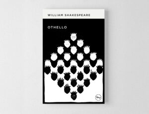 Book Cover Design - William Shakespeare - Othello - the cover image shows a woodcut/linocut design in black and white of strawberries in a diamond formation, half of them are white and half black.